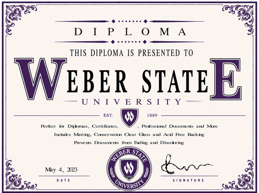 Diploma from Weber State University with decorative border and text.