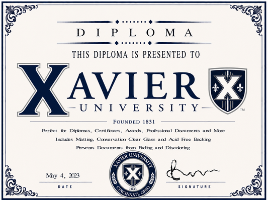 Xavier University diploma cover with decorative elements and branding.