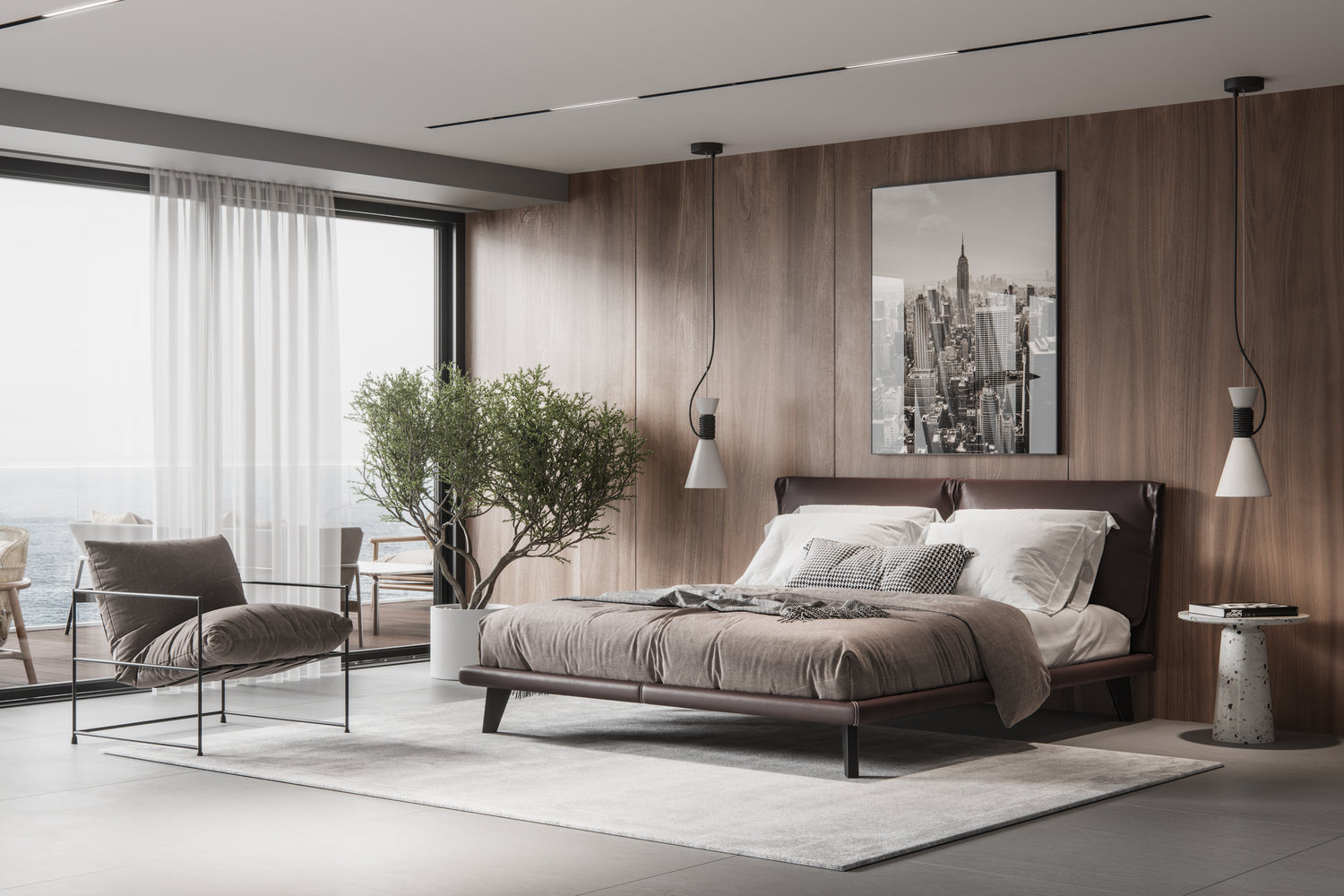 Modern bedroom with a large bed, armchair, and cityscape artwork on a wooden wall.